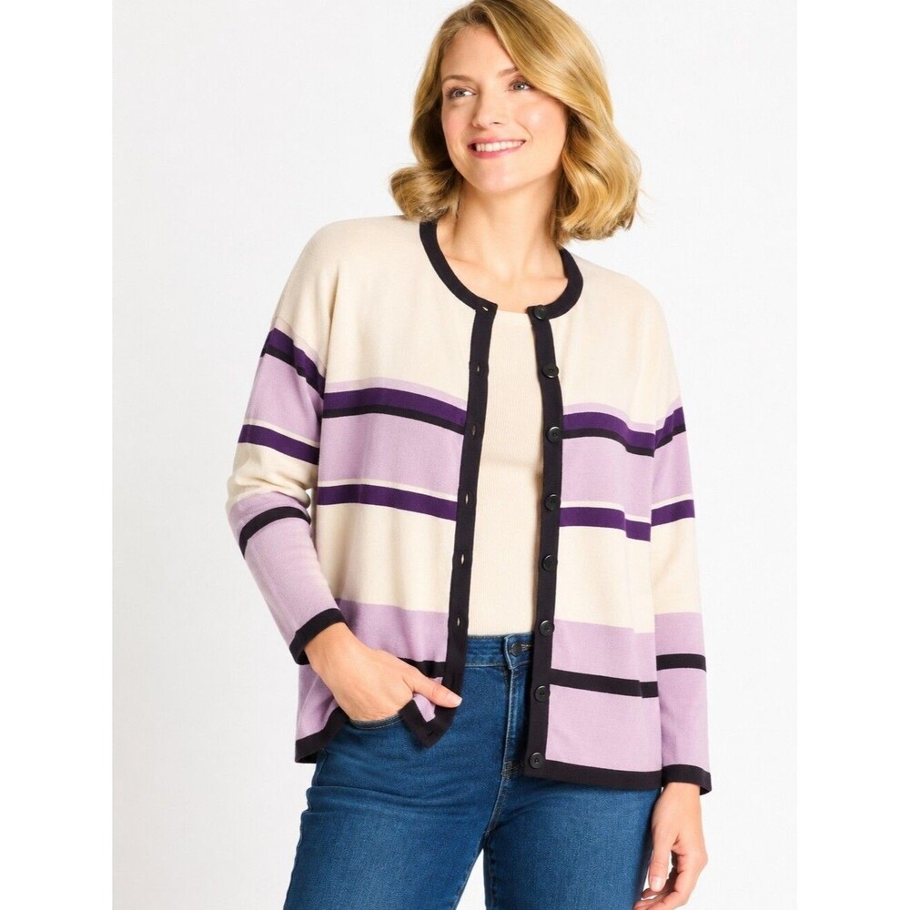Dressbarn Women Size 14/16 Purple Ivory Striped Button Front Cardigan Sweater
